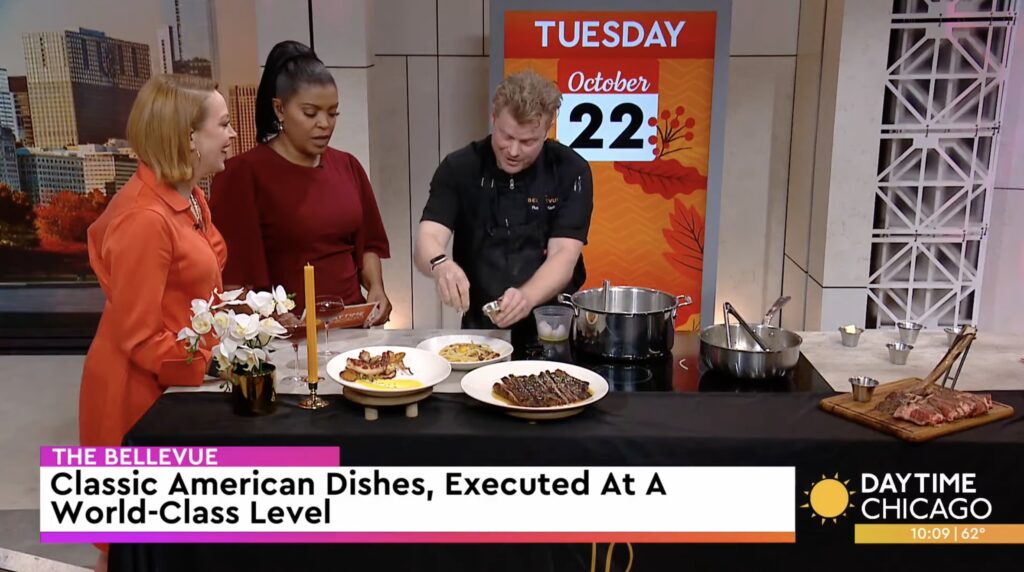 Executive Chef Russell Kook of The Bellevue Chicago cooking Carbonara on WGN TV Daytime Chicago