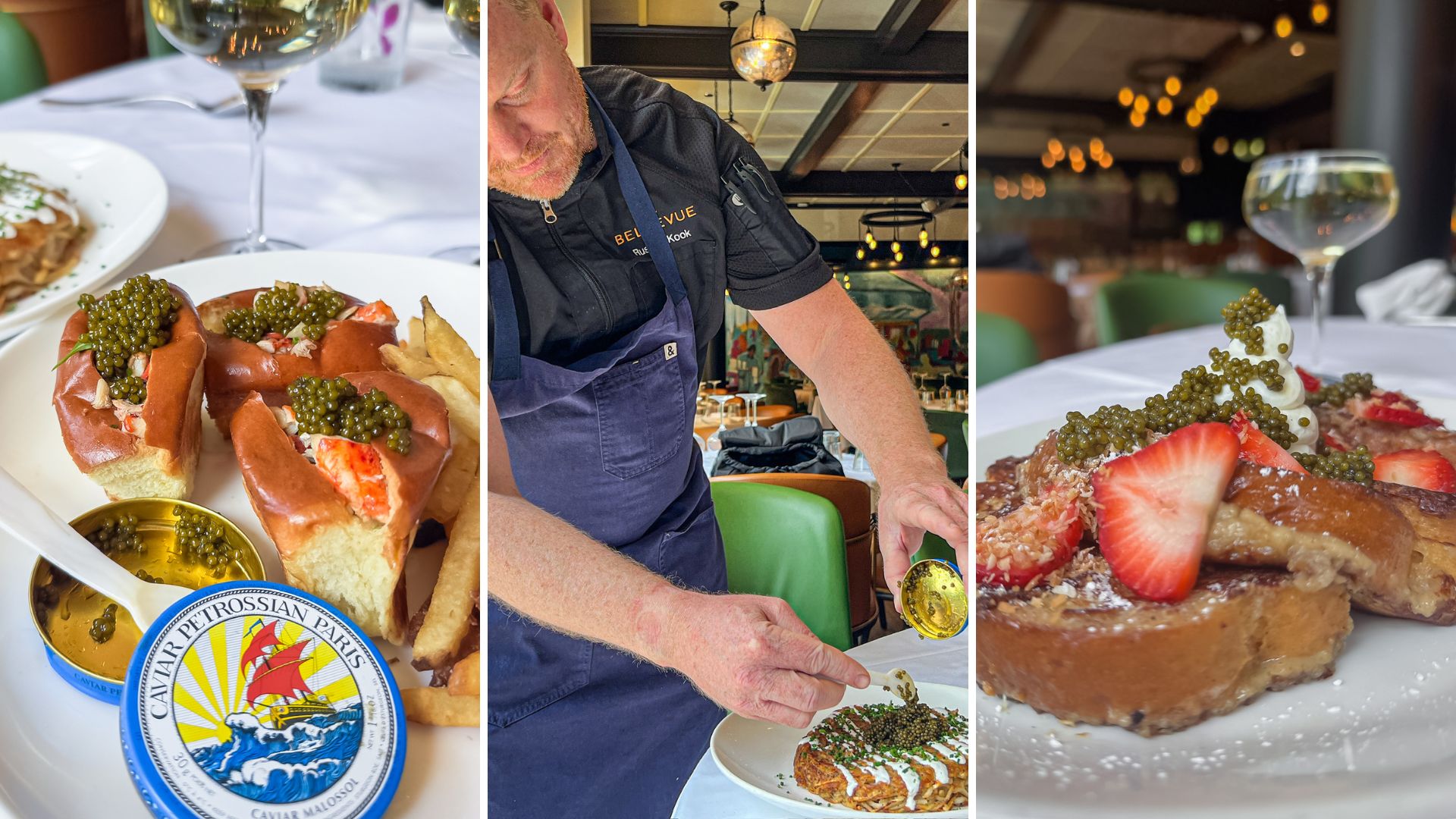 Lobster rolls with caviar; Chef Russel Kook putting caviar on top of hashbrowns, caviar on top of french toast with strawberries.