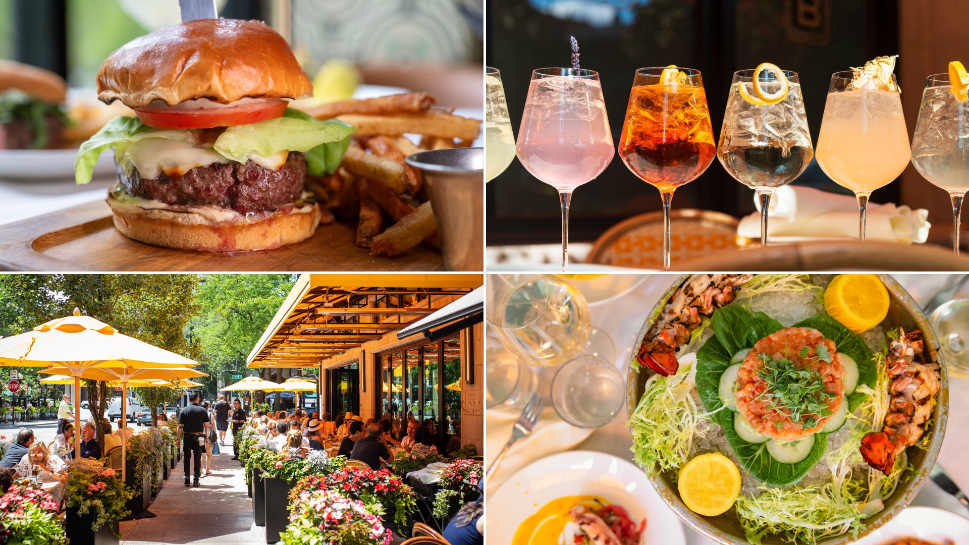 A collage of four images from The Bellevue Chicago featuring a classic cheeseburger with fries, a lineup of colorful craft cocktails, a bustling Gold Coast patio with yellow umbrellas and flower boxes on a sunny day, and an overhead view of a fresh seafood salad plate.