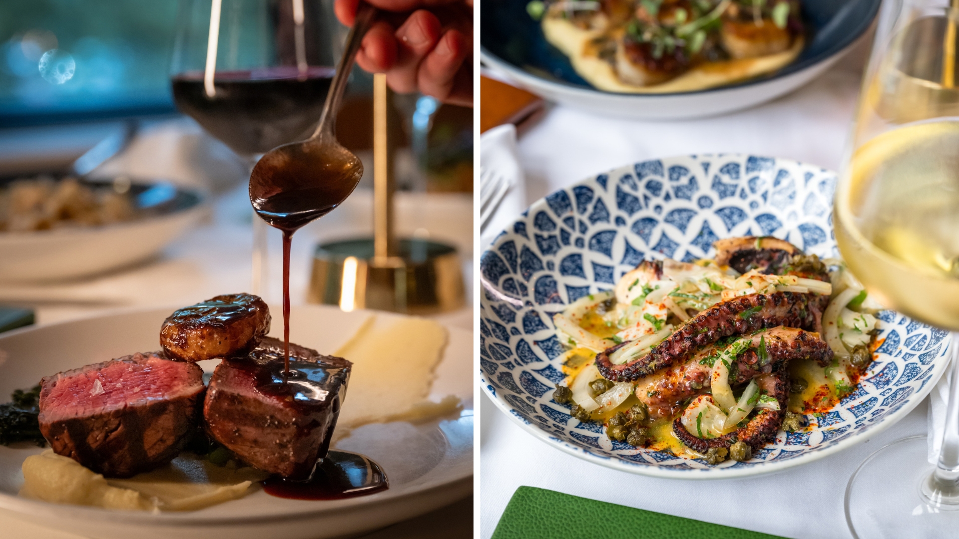 Steak with sauce and grilled octopus dishes served at The Bellevue in Chicago.